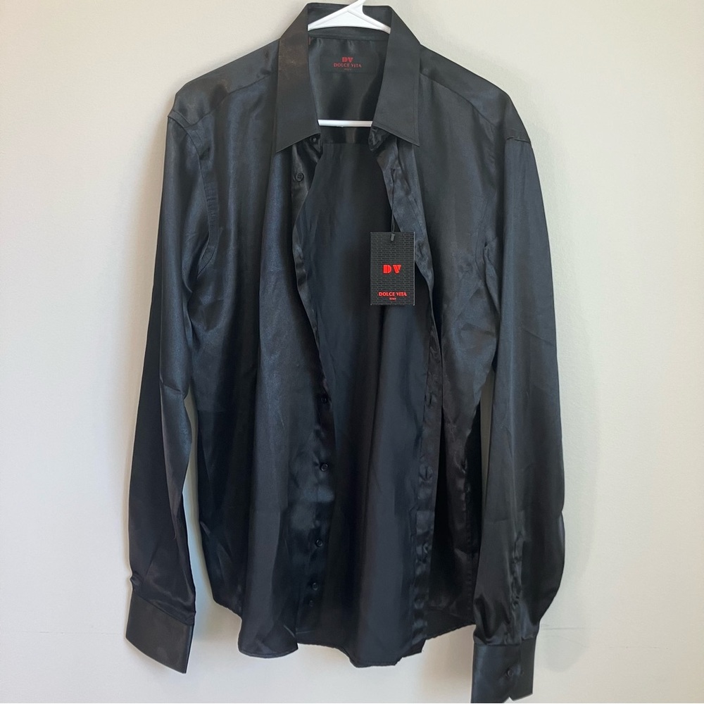 Men’s Black Satin Button Down Dress Shirt Dolce Vita XL NWT